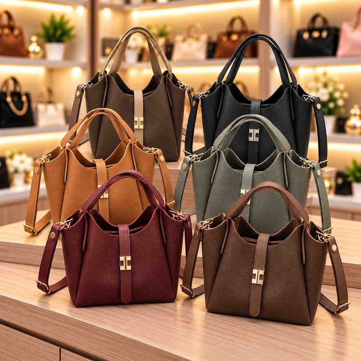 Six bucket tote bags in dark brown, black, camel, grey, burgundy and brown with clasp straps and crossbody straps