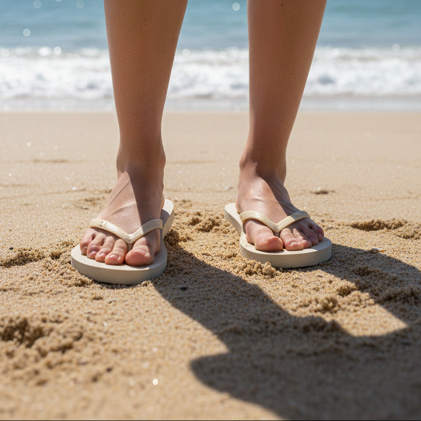 Cream flip flops worn on dry sand, matte rubber straps over a flat matching sole