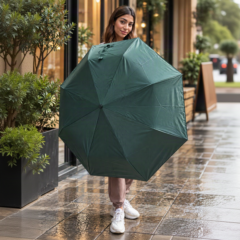 Woman holding open a plain forest green folding umbrella on a wet street