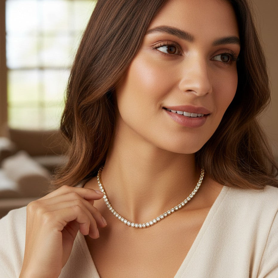 woman weraing a Classic Gold Tennis Choker