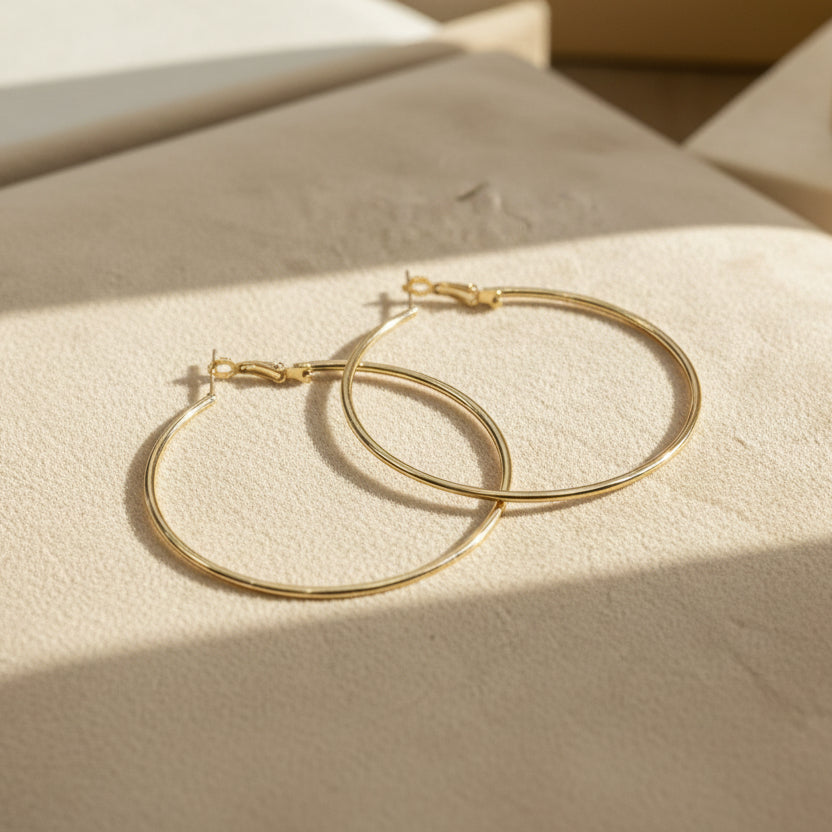Classic gold hoop earrings on a beige surface