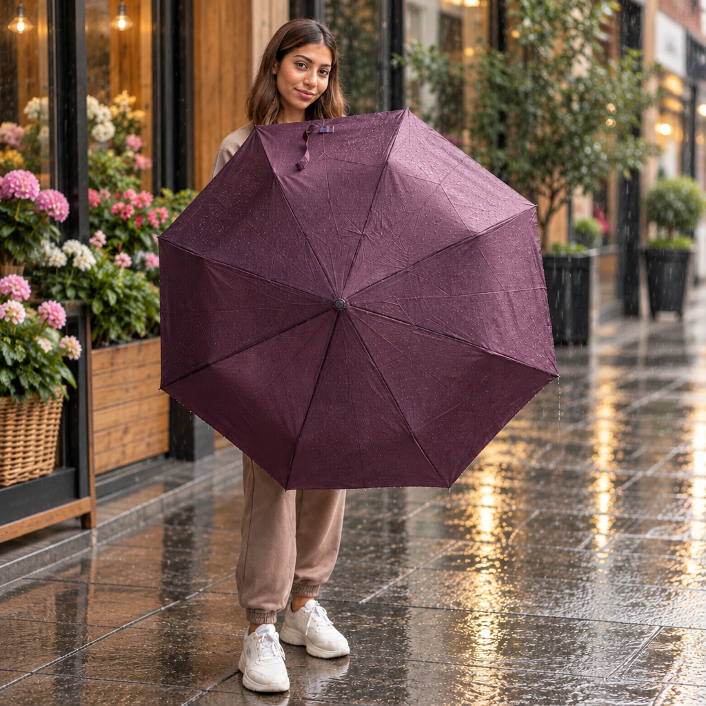 Woman holding open a plum folding umbrella with raindrops on the canopy