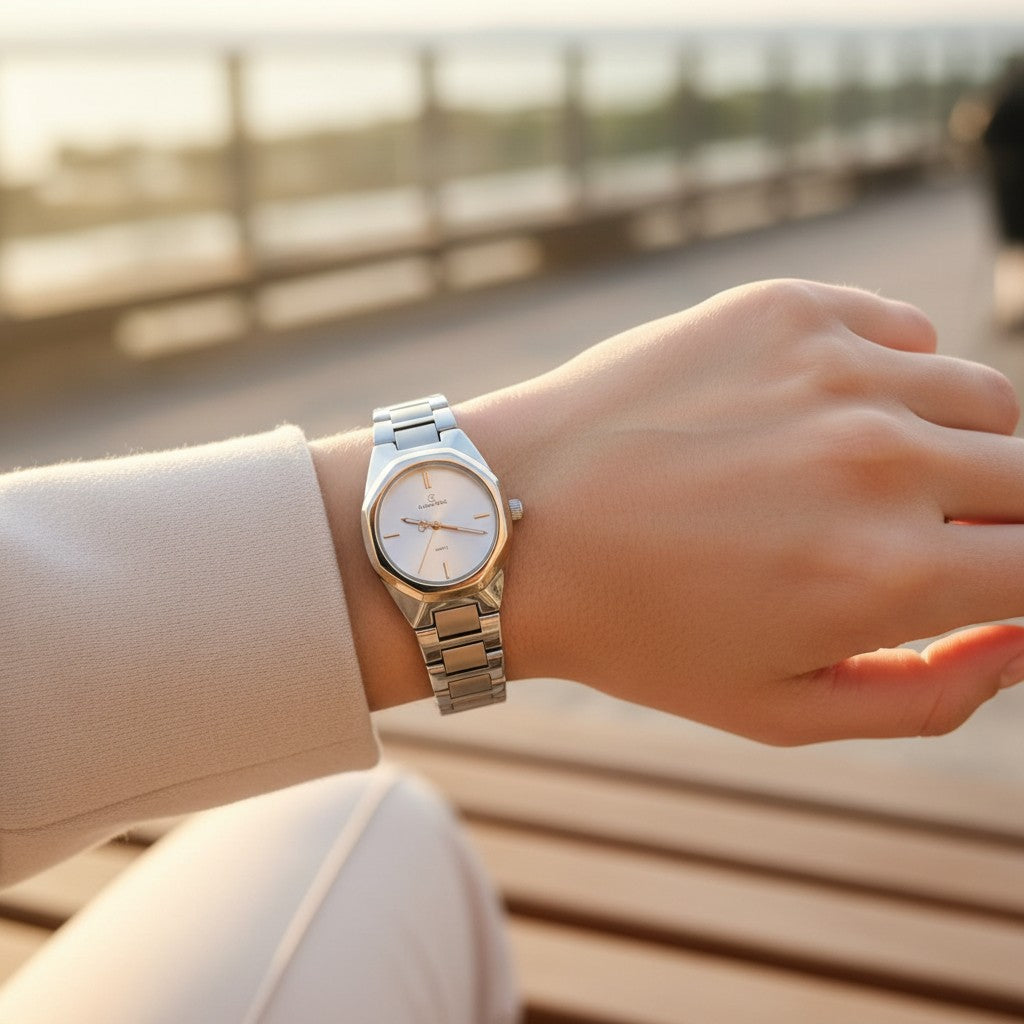 Women's classic silver watch with white dial and steel bracelet, Jack Gifts Online Lebanon
