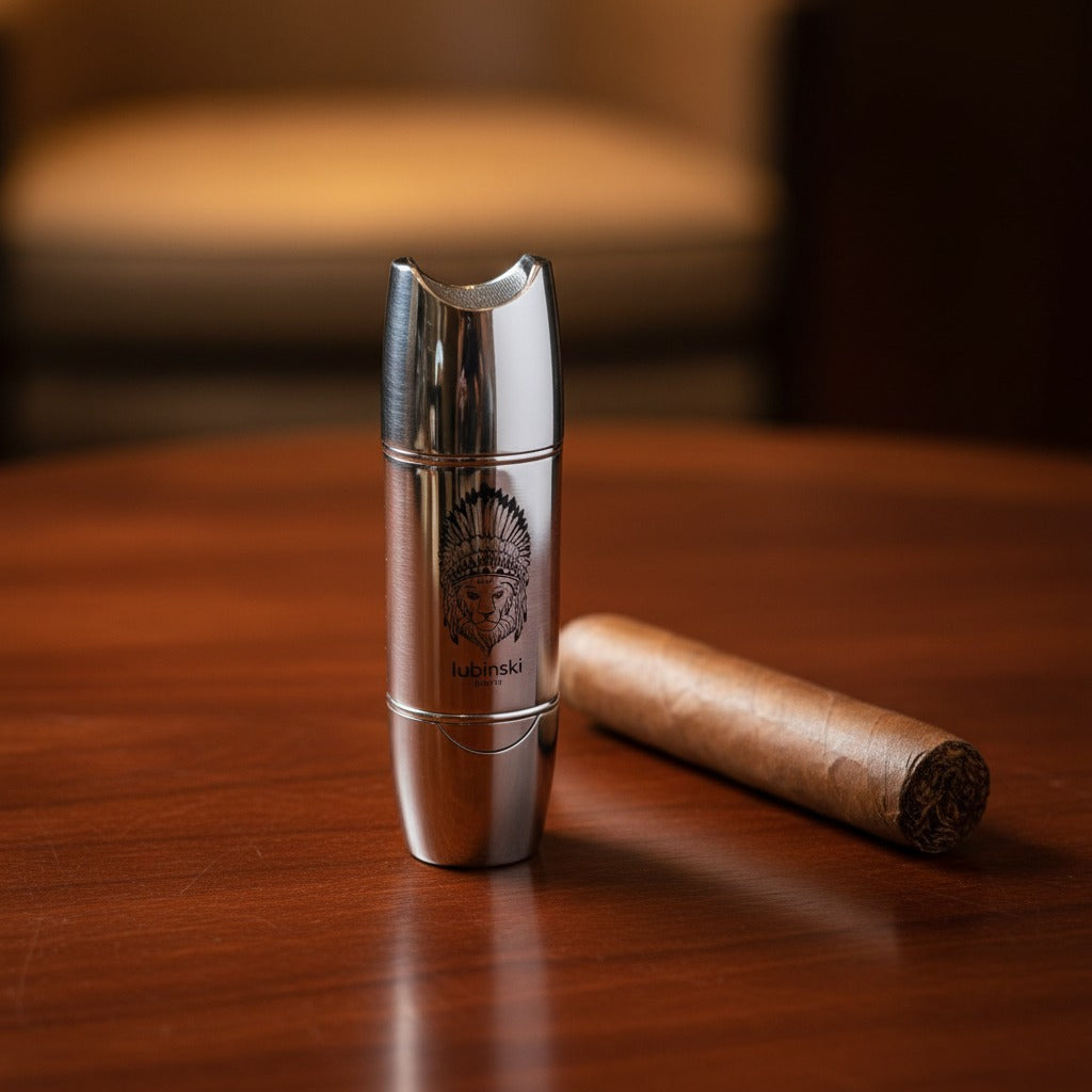Silver lighter with an engraved face design on a wooden table next to a cigar