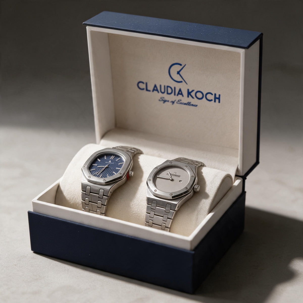 Navy dial octagon steel men's watch on the left of an open gift box beside a grey dial watch