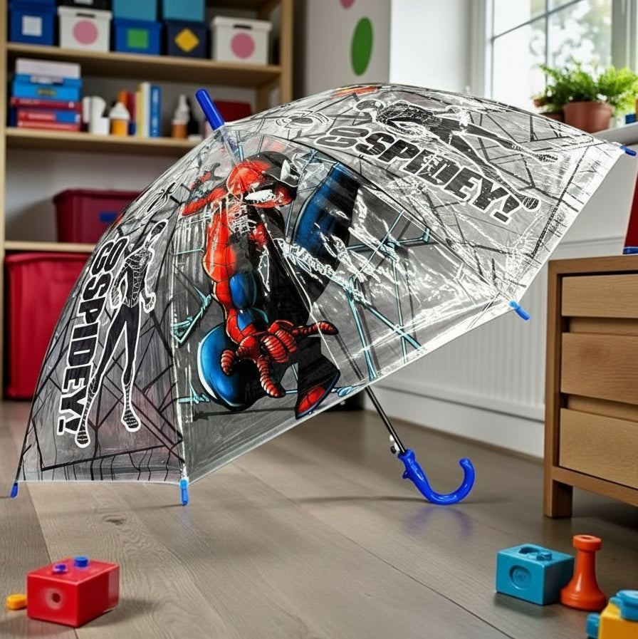 Transparent dome kids umbrella open on a floor with a Spiderman web print and blue handle