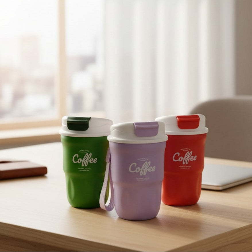 Three colorful coffee cups on a desk with a window in the background