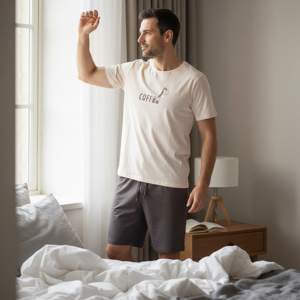 Man wearing a cream coffee print tee and grey shorts by a sunlit window