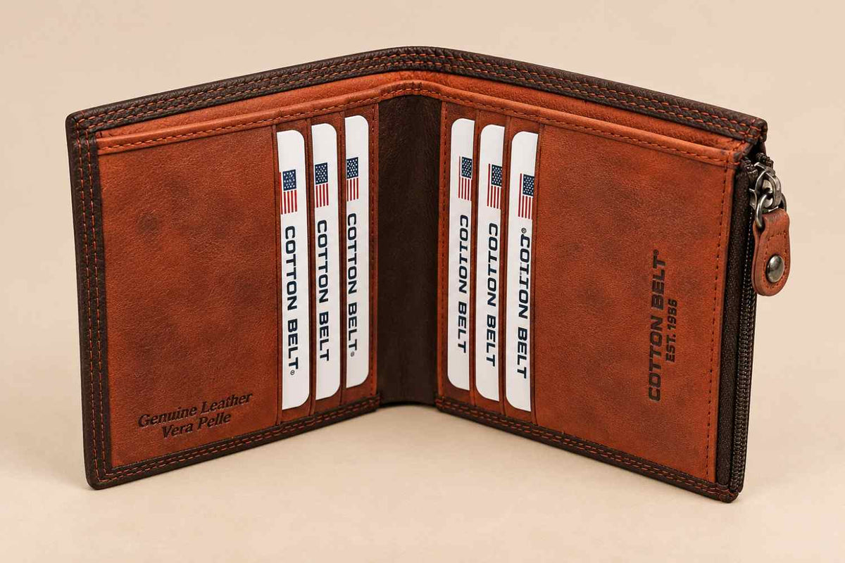 Rust orange interior with six vertical card slots framed by dark brown stitching