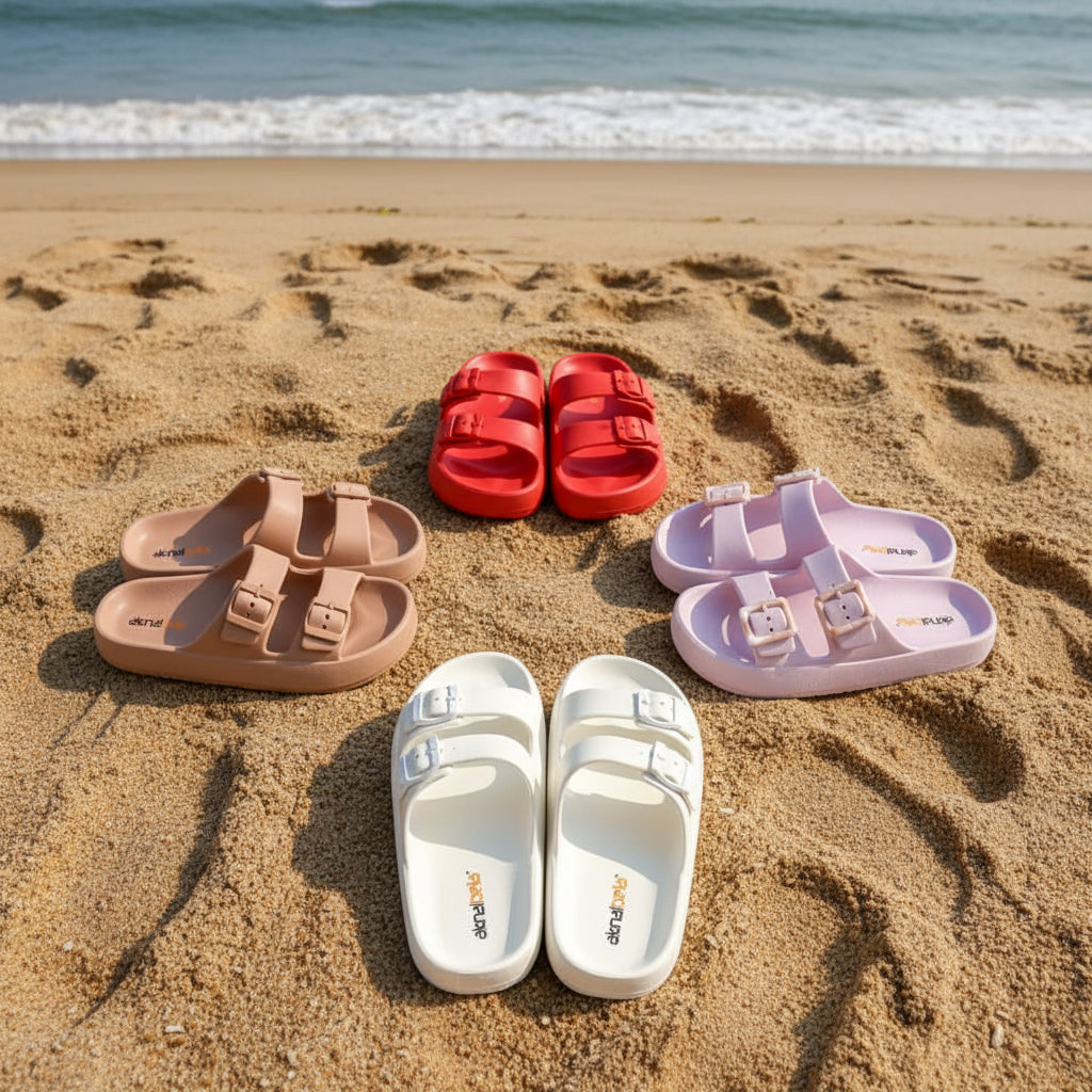 Set of red, brown, white, and pink sandals on a dark surface.