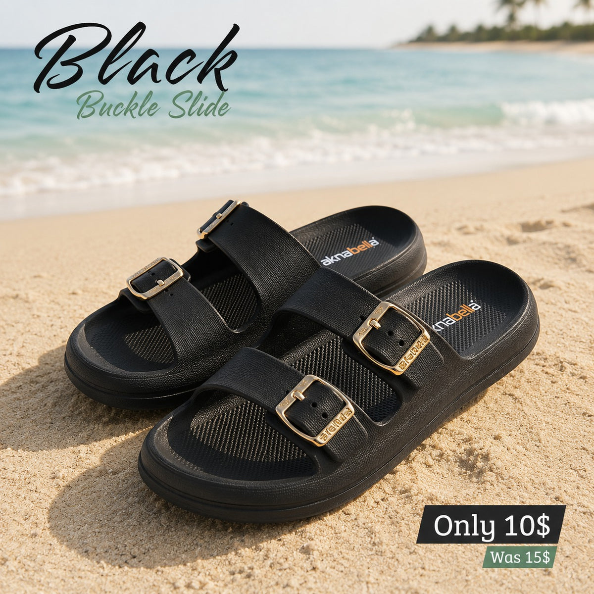 Black grained slides with gold buckles, a contoured footbed and thick ridged sole