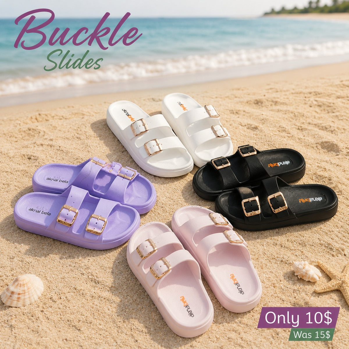 Four pairs of two band buckle slides on sand in purple, white, black and pink