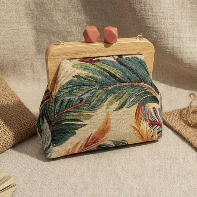 Close view of the palm frond and flower weave under a wooden frame top