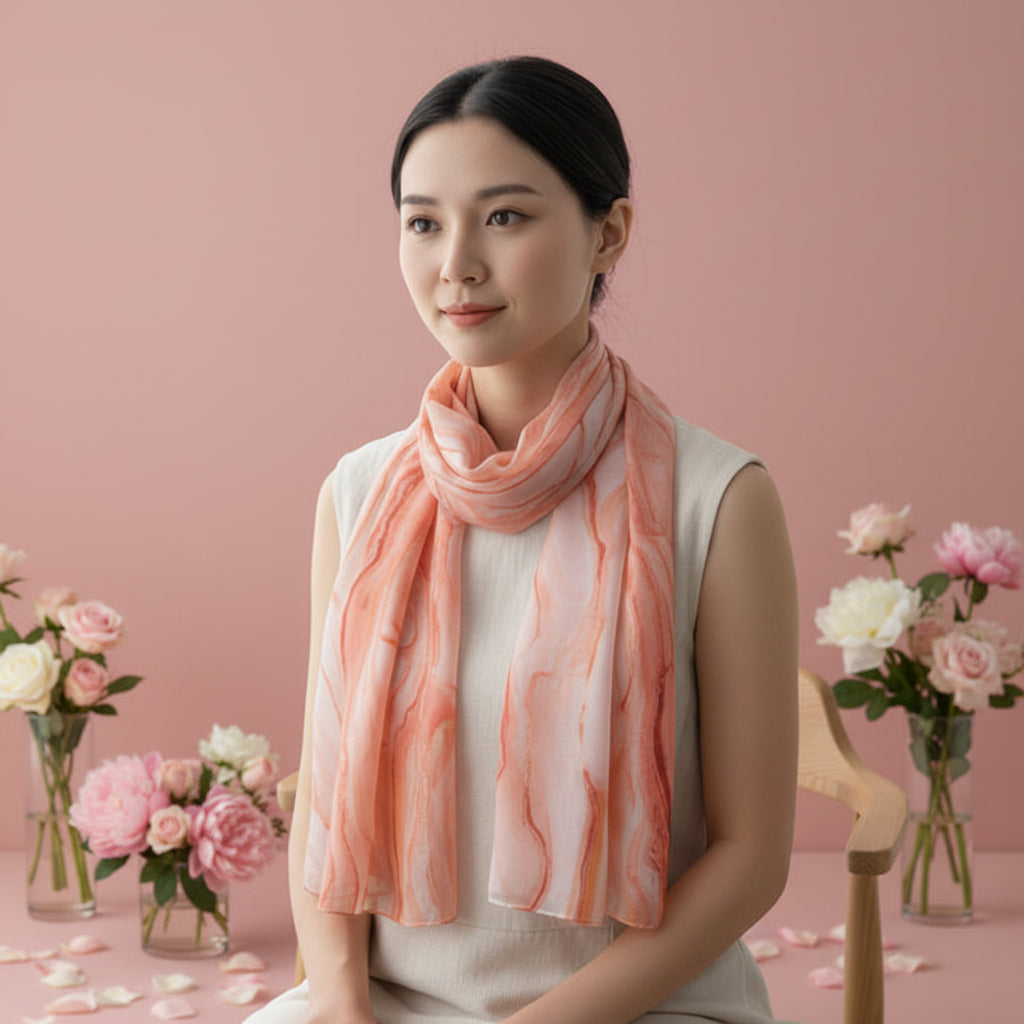 Woman wearing a pink coral scarf in a soft pink background