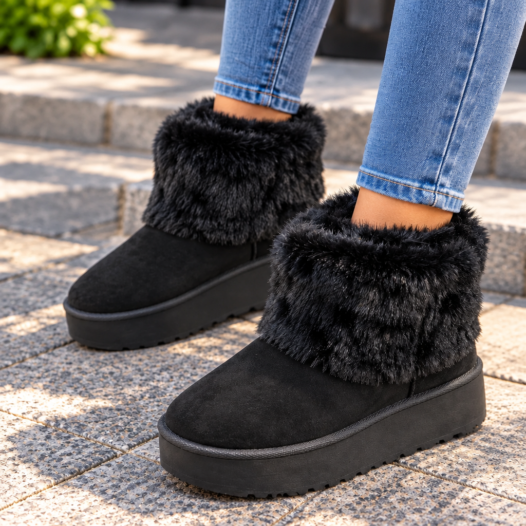 Black Faux Fur Cuff Platform Boots