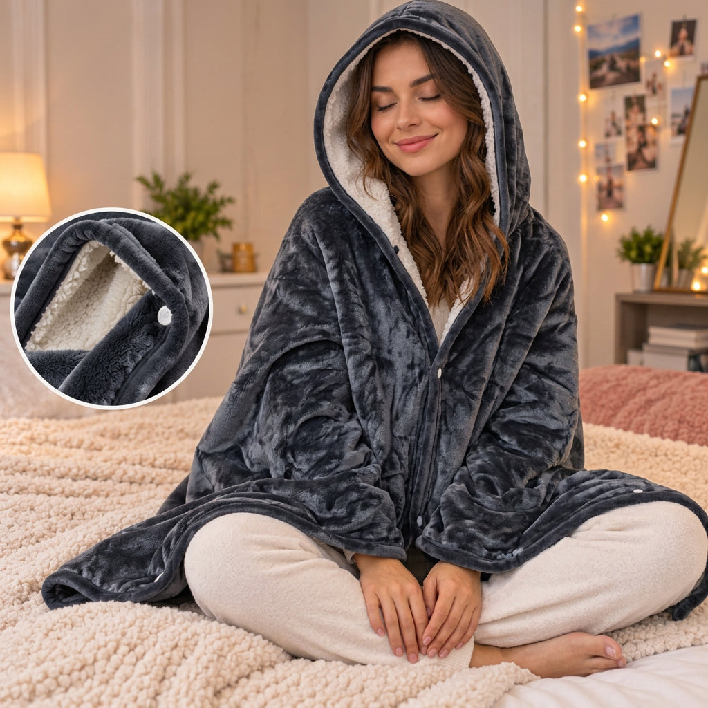 Grey Fleece Snap Button Hooded Blanket
