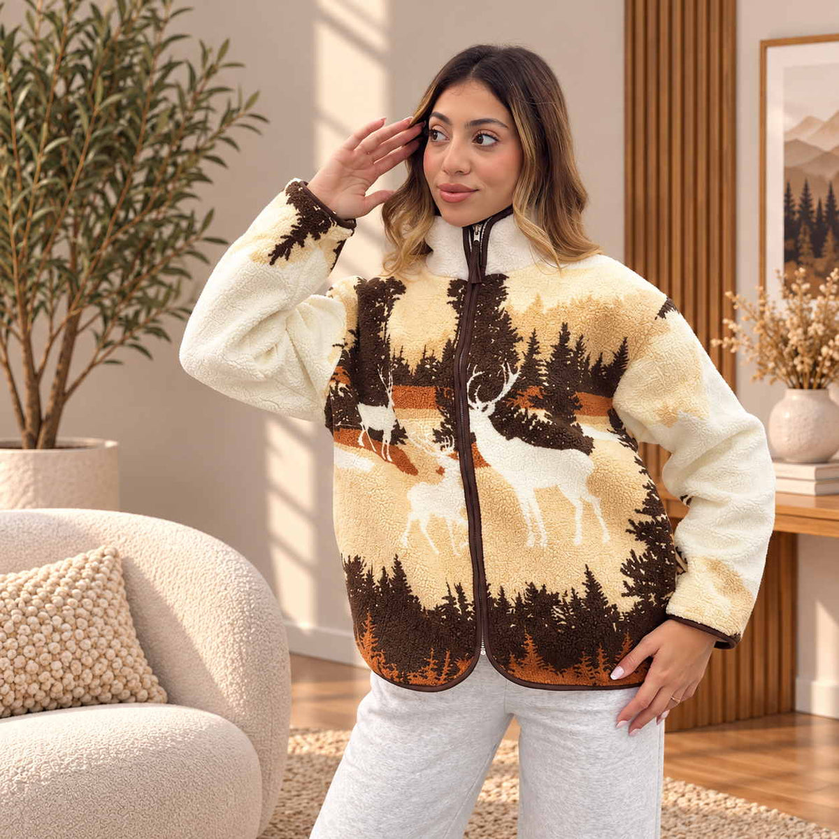 Brown Deer Forest Print Sherpa Zip Jacket