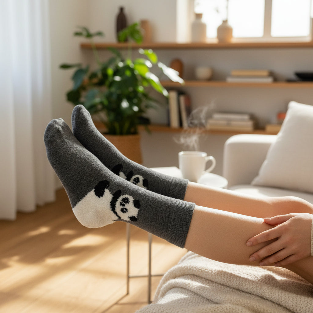 Person wearing panda socks in a cozy living room.