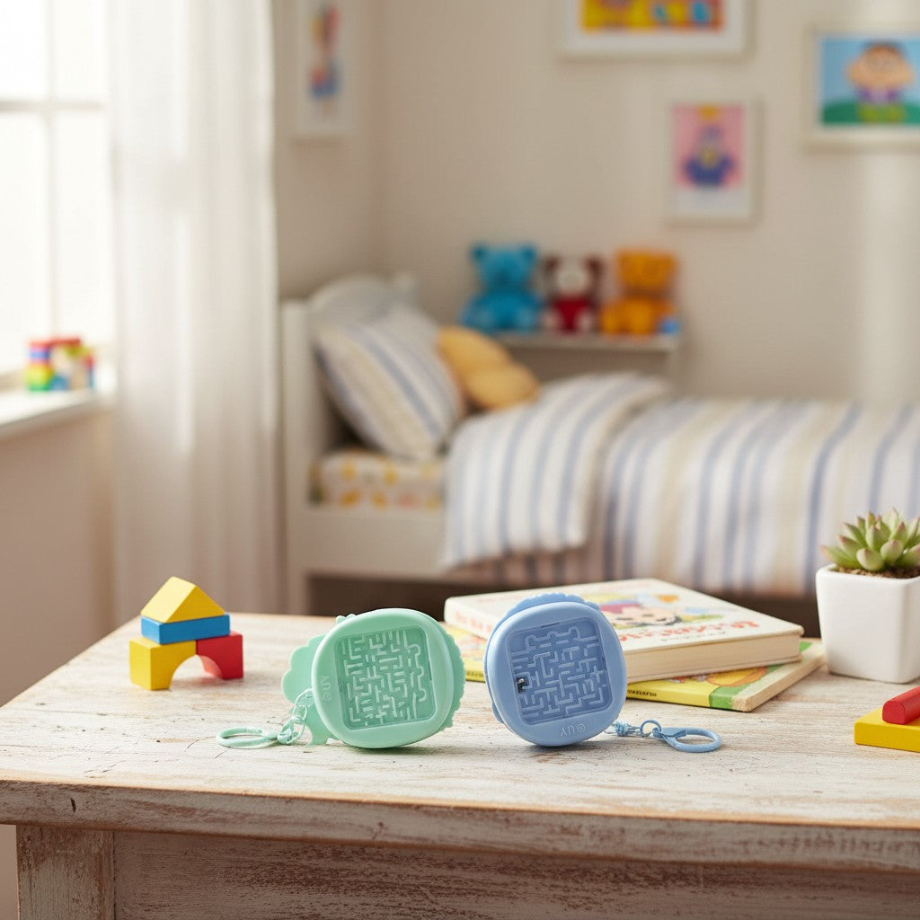 Green and blue Crayon Shinchan keychains flipped to show the maze puzzle game on the back