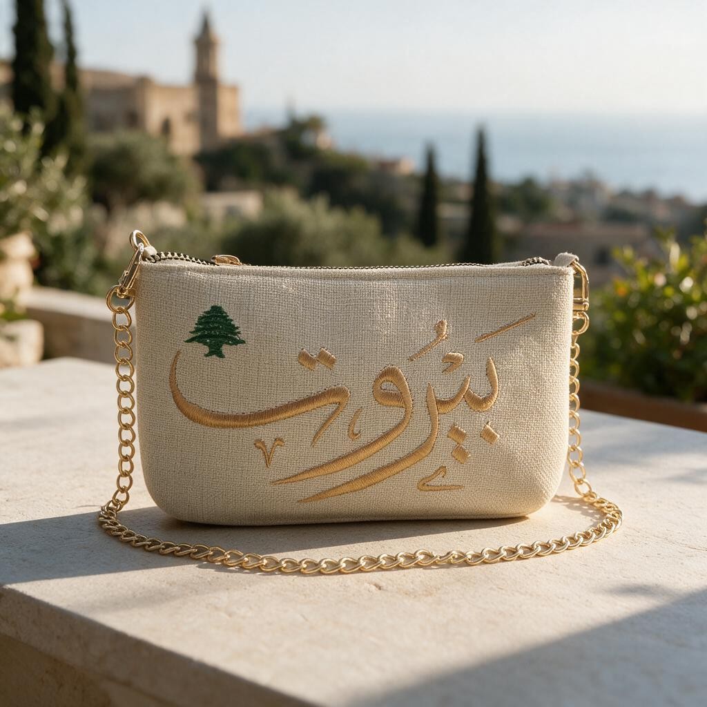 Cream linen look mini pouch with gold Arabic Beirut embroidery, on a terrace with cypress trees and a bell tower