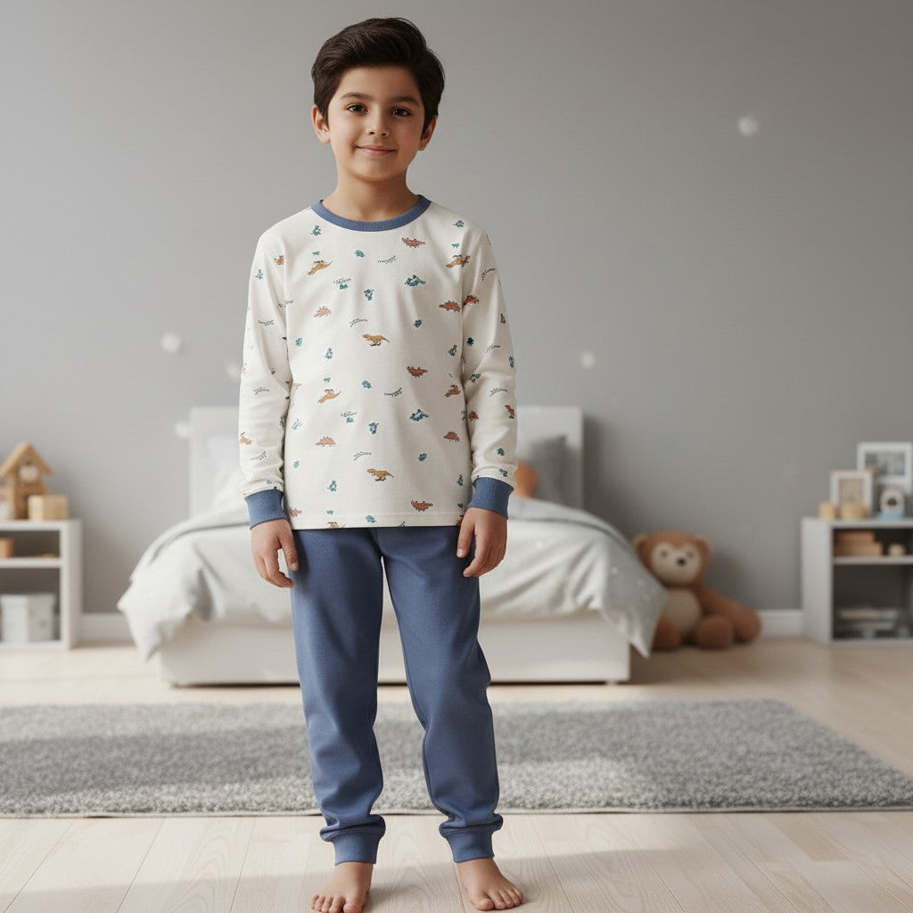 Boy in a cream dinosaur print pyjama top with blue pants, Jack Gifts Online Lebanon