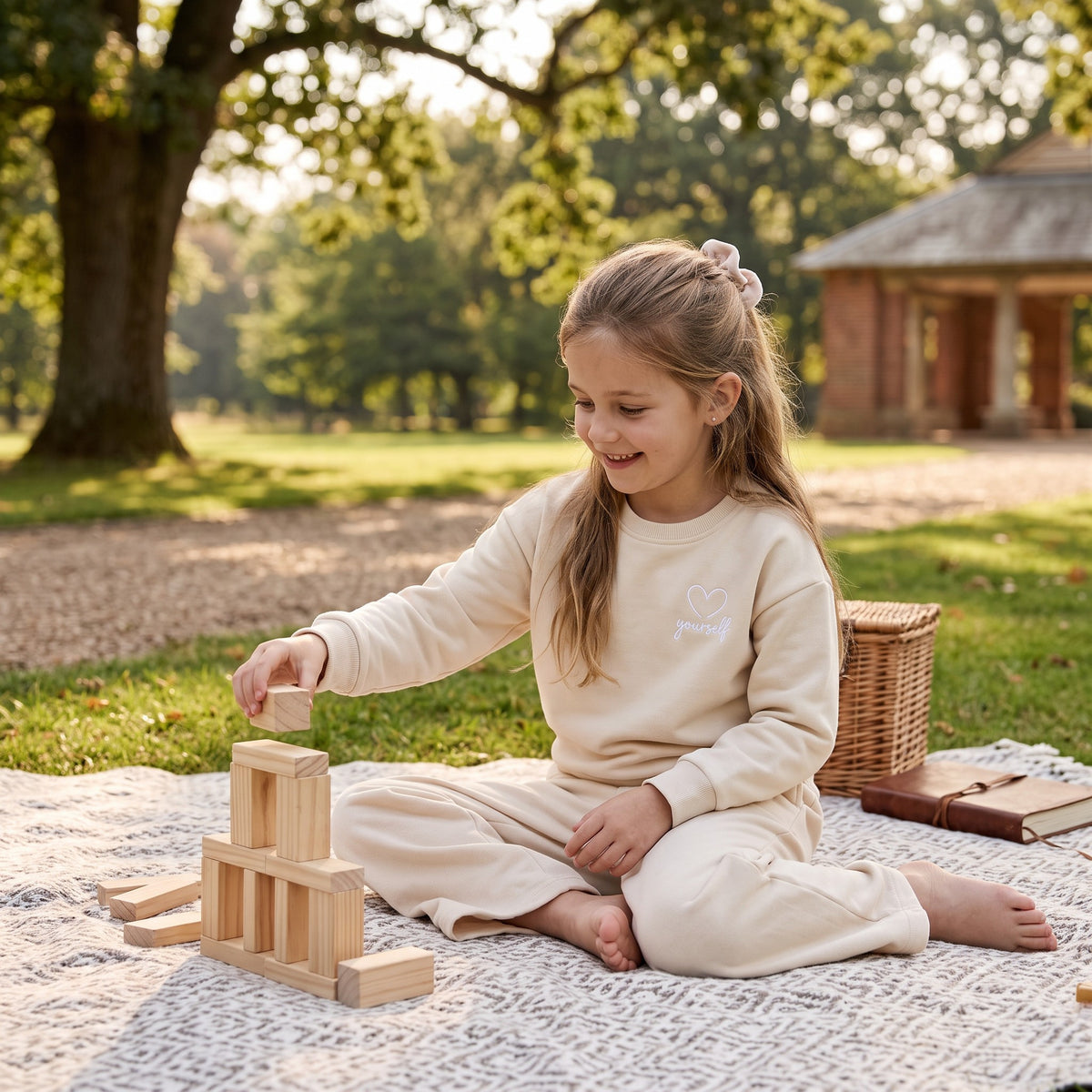 Smiling girl stacking wooden blocks on a picnic blanket in a cream embroidered heart sweatshirt set