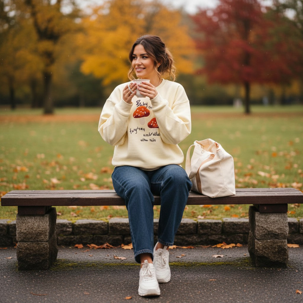 Woman on a park bench in a cream sweatshirt with red embroidered mushrooms and a hand lettered slogan