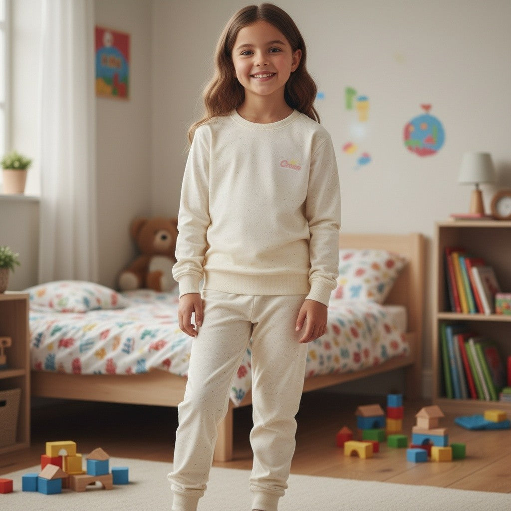 Girl in a cream sweatshirt pyjama set with cuffed joggers, Jack Gifts Online Lebanon