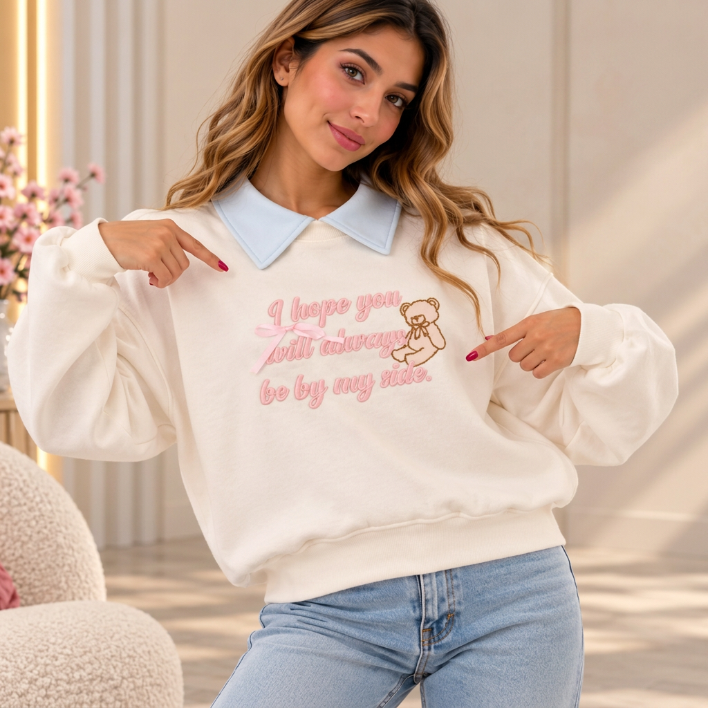 Cream sweatshirt with a baby blue collar, pink script slogan, teddy bear outline and pink satin bow