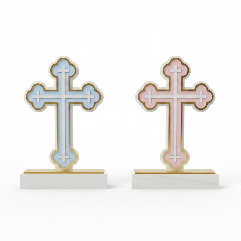 Blue and pink budded crosses side by side, small white crosses set into each lobe