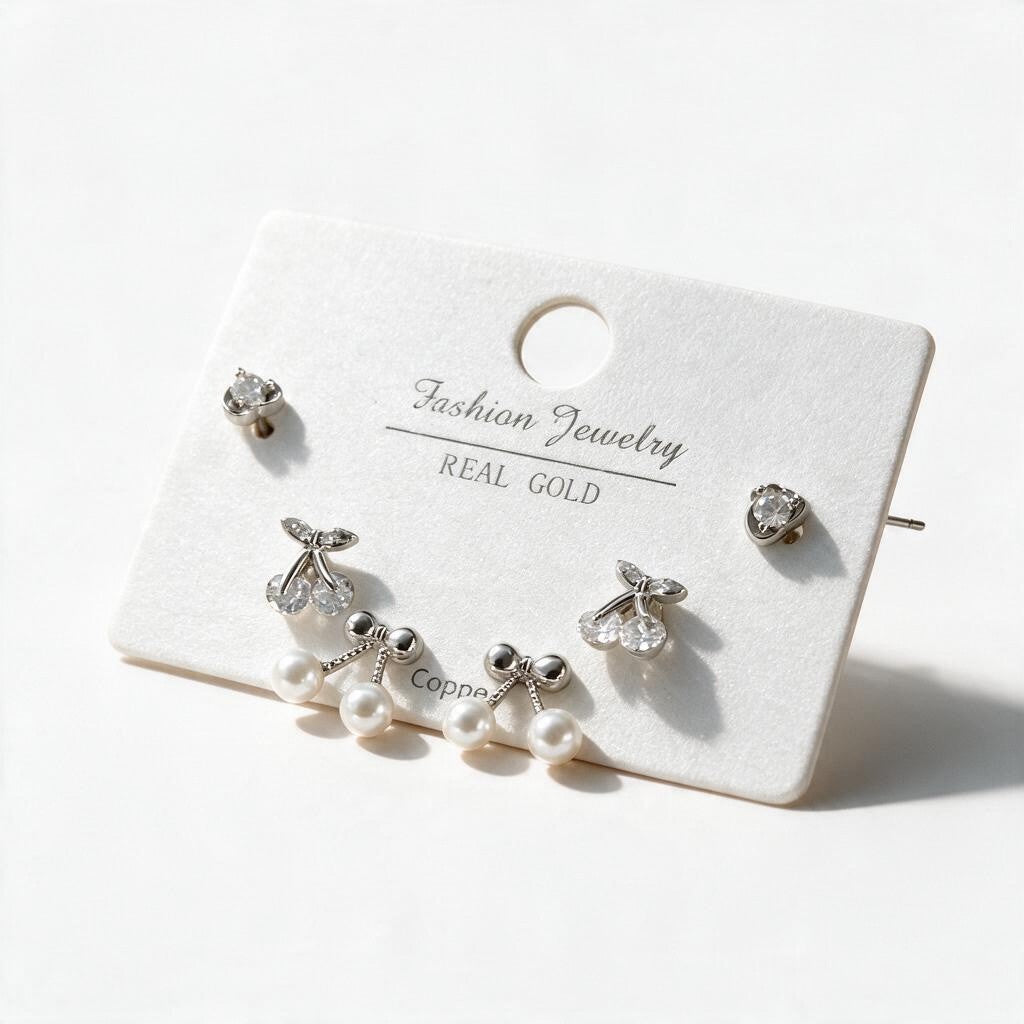 Silver tone stud set with round crystals, crystal cherries and bows with faux pearl drops