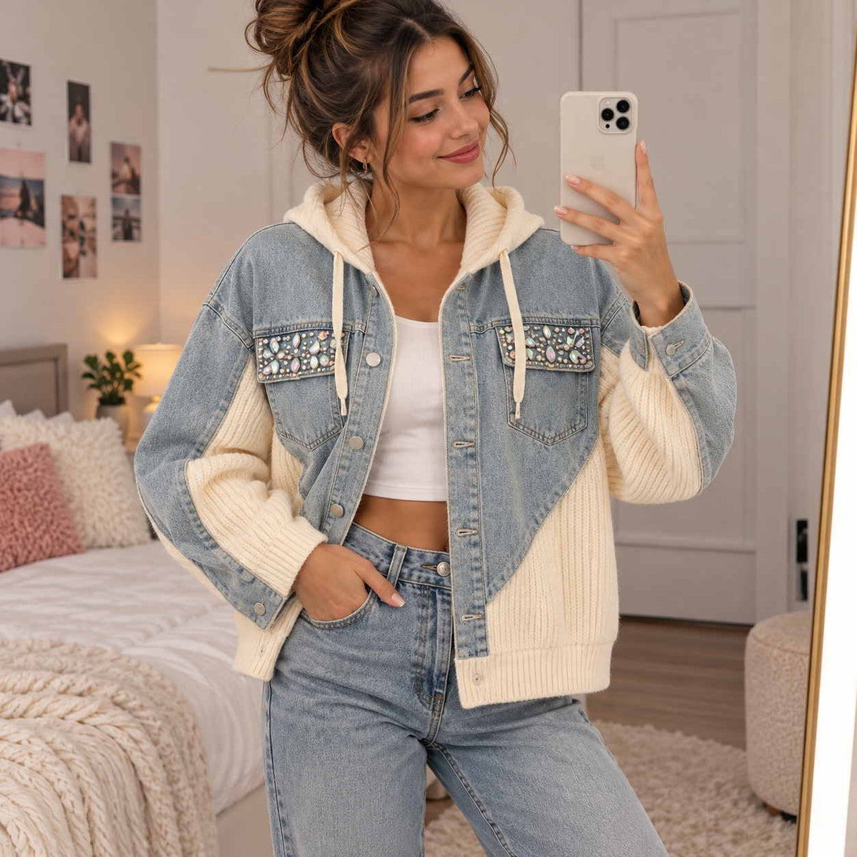 Mirror selfie in a denim and cream knit patchwork hoodie jacket with sparkly crystal chest pockets