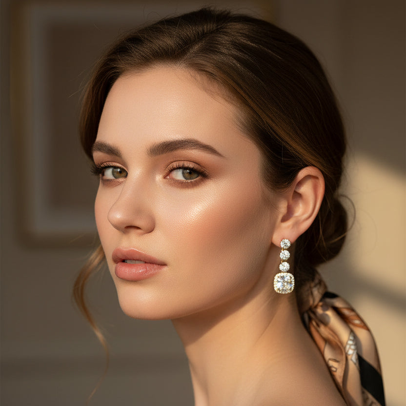 Woman wearing crystal drop earrings with a neutral background