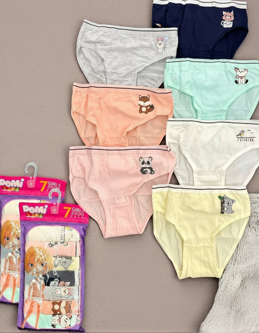 Pack of 7 girls cotton briefs in pastel shades with animal motifs