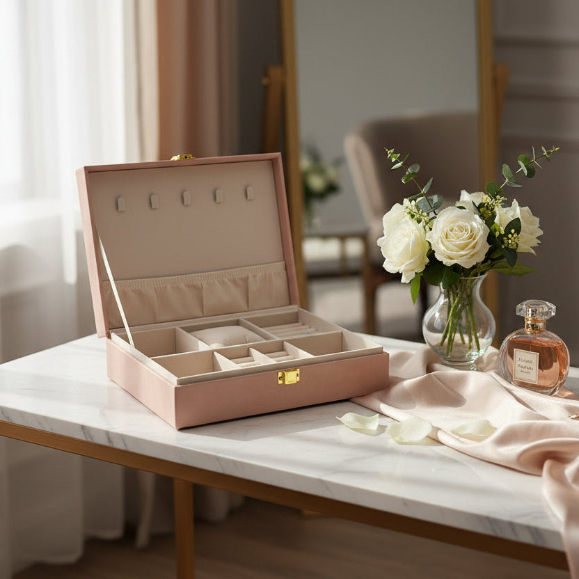 Blush pink jewelry box open showing a taupe lining, lid hooks and compartment tray