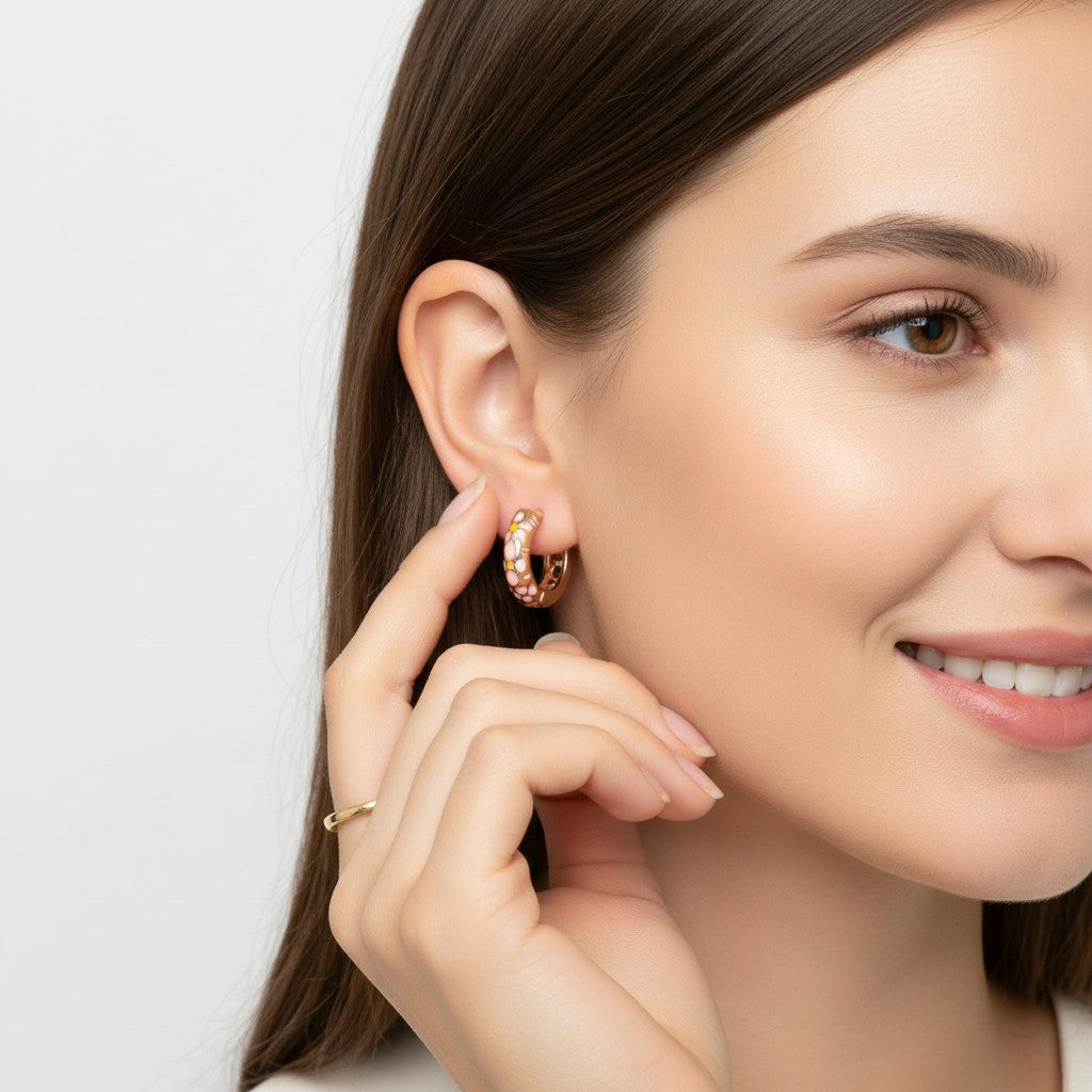 White daisy bloom enamel gold hoop earrings worn, Jack Gifts Online Lebanon
