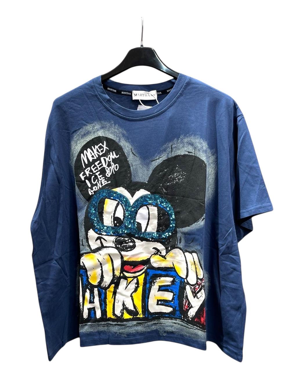 A dark blue oversized tshirt with a graphic print of Mickey Mouse wearing glasses