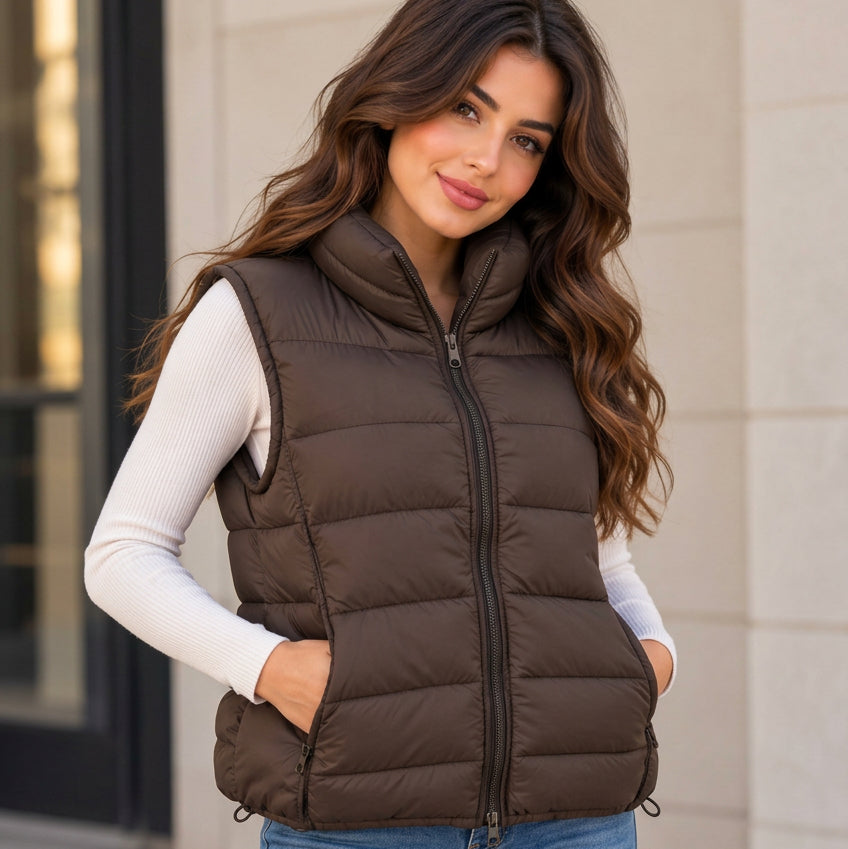 Woman in a dark brown quilted puffer vest with a high collar over a white ribbed top