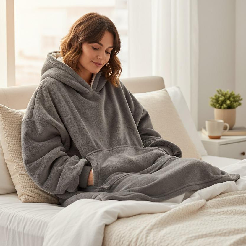 Woman wearing a gray hoodie blanket sitting on a bed in a cozy room.