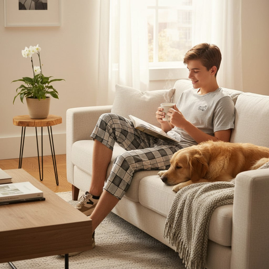 Dark grey pantacour pyjama set worn on a sofa with a golden retriever