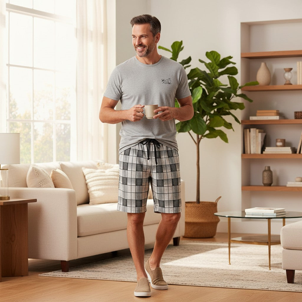Dark grey pantacour pyjama set worn holding a mug in a living room