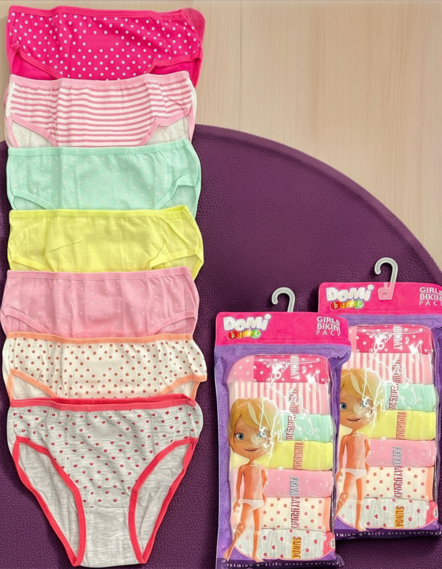 Pack of 7 girls cotton briefs in pink, mint and yellow with stripes and dots