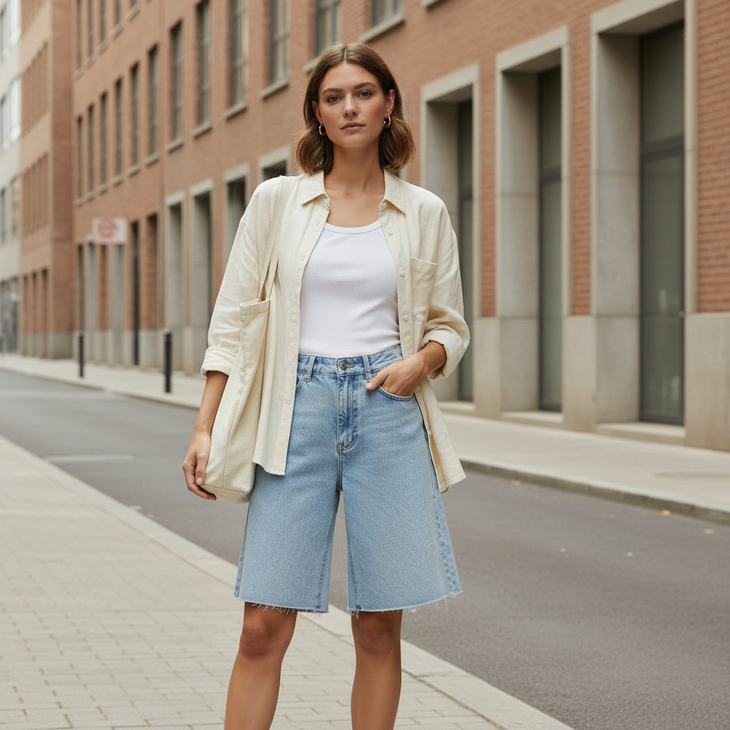 Woman wearing denim bermuda shorts outdoors in front of a brick building