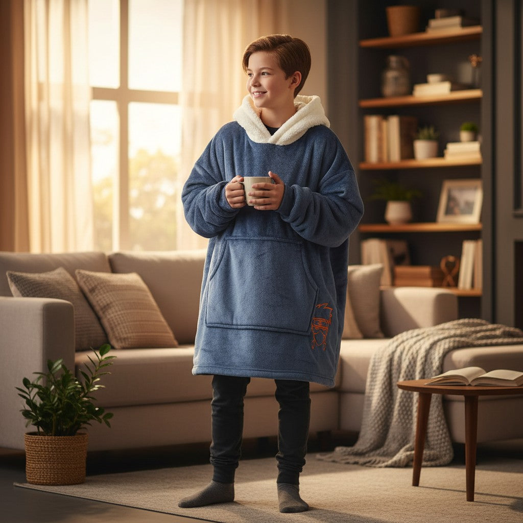 Child in a denim blue hooded blanket with a cream sherpa lined hood holding a mug