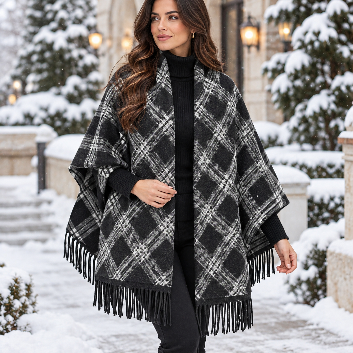 Black and white diamond plaid blanket wrap draped over the shoulders with long black fringe in the snow