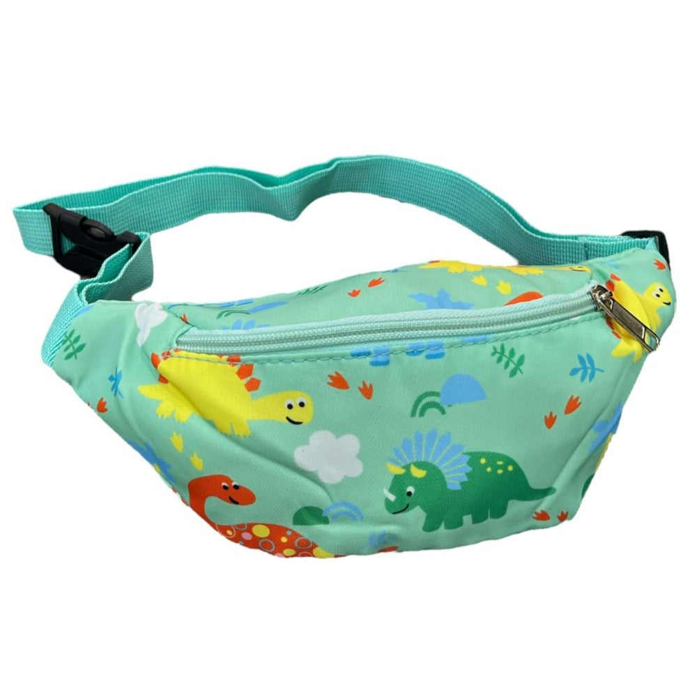 Mint green dinosaur print bum bag with a top zip and adjustable webbing strap with a black buckle