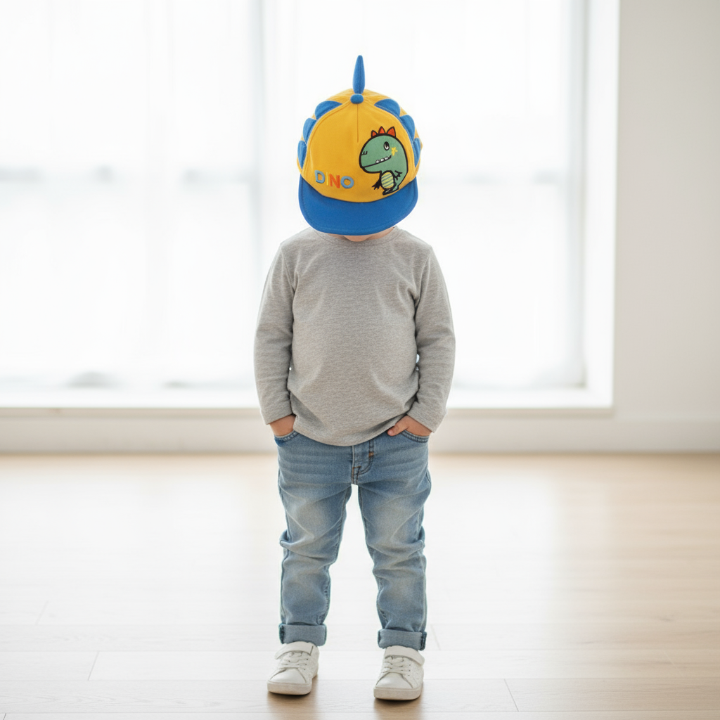 Toddler standing indoors in jeans and a mustard cap topped with a blue dinosaur spike and side fins