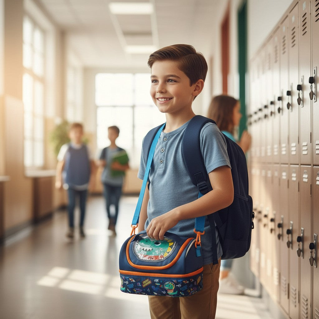 Boy carrying a navy dino sequin insulated lunch bag at school – Jack Gifts Online Lebanon