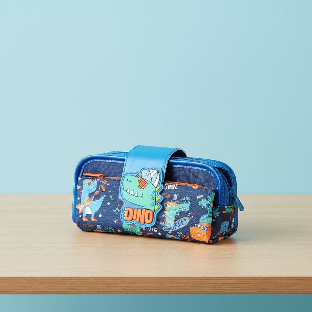 Navy dino surfer pencil case with blue snap flap and two compartments – Jack Gifts Online Lebanon