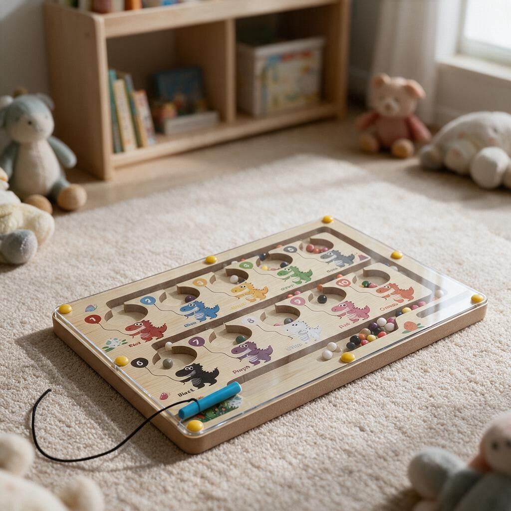 Wooden magnetic maze with coloured dinosaurs and loose beads on a cream rug beside plush toys
